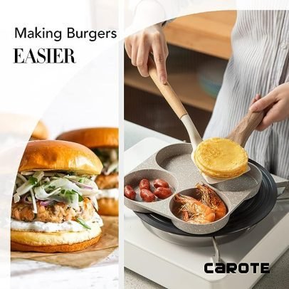 CAROTE Egg Pan Omelette Pan, 4-Cup Nonstick Granite Omelette Skillet - Pancake Pan and Healthy Egg Cooker Suitable for Gas Stove & Induction Cookware
