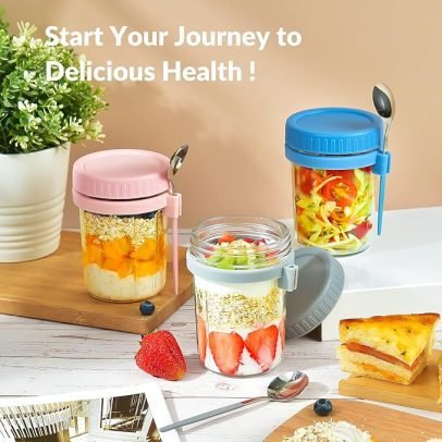 4 Pack Overnight Oats Containers with Lids and Spoons 16 Oz Glass Mason Jars for Overnight Oats Leak Proof Oatmeal Container Great for Cereal Fruit Vegetable Milk Salad Yogurt Meal Prep