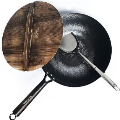 Carbon Steel Wok For Electric, Induction and Gas Stoves (Lid, Spatula and User Guide Video Included)
