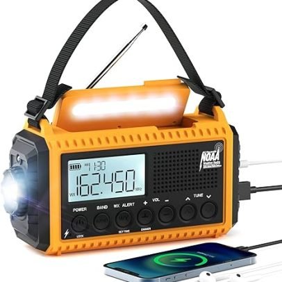Emergency Radio with NOAA Weather Alert, Portable Solar Hand Crank AMFM Radio for Survival, Rechargeable Battery Powered Radio, USB Charger, Flashlight, Reading Light, Suitable for Home Outdoor