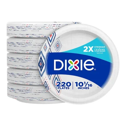 Dixie Paper Plates, 10 1/16 inch, Dinner Size Printed Disposable Plate, 44 Count (Pack of 5) , Packaging and Design May Vary