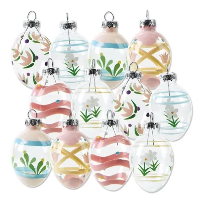 Lillian Vernon Hand Painted Pastel Glass Easter Egg OrnamentsHoliday Home Decor, Spring Themed Tree Decorations, Outdoor & Indoor Use, 1 _ Inches x 2 Inches, 6 Designs, Set of 12